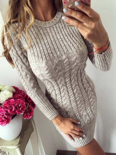 Women's Classic Knit Long Sleeve Sweater Dress Champagne