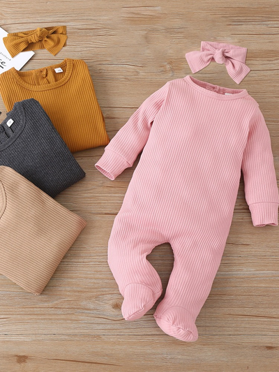 Baby Playtime Long Sleeve Ribbed Footie Onesie With Headband