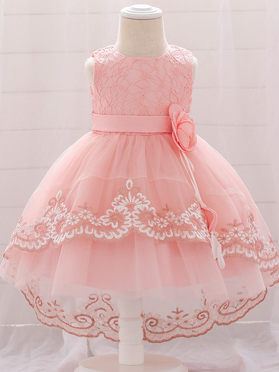 Baby dress has embroidered tulle overlay bodice and hi-lo tulle overlay skirt, removable big bow accent at the back and flower applique at the front