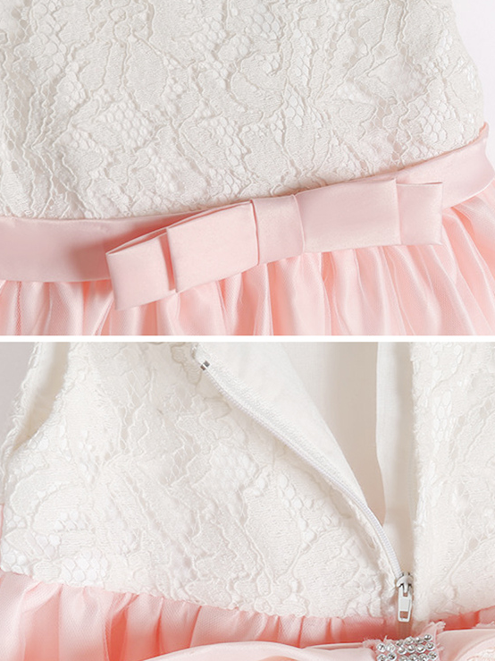 Baby Spring dress has a short-sleeved lace bodice and a skirt with lace hem and a big bow on the back, comes with a matching headband