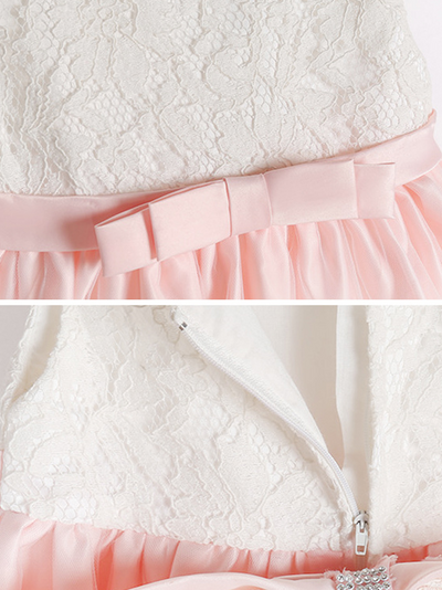 Baby Spring dress has a short-sleeved lace bodice and a skirt with lace hem and a big bow on the back, comes with a matching headband