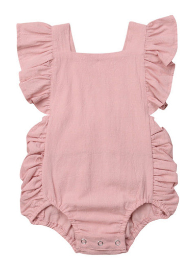 Baby onesie has cute little shoulder ruffles and ruffles on the side. Overall style with strap closure at the back  pink