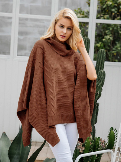 Women's Turtleneck Pullover Poncho Cardigan Brown