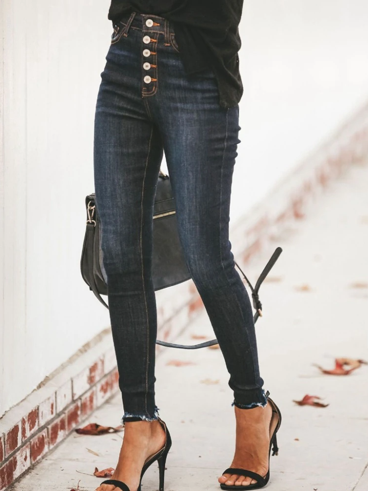 Women's High Waisted Button Fly Jeans with Frayed Hem - Mia Belle Girls