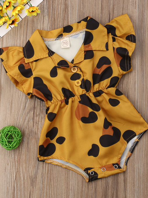 Baby onesie with ruffled short sleeves and a cute collar. Front button and elastic waist. tan with animal print