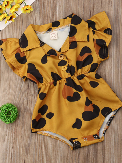Baby onesie with ruffled short sleeves and a cute collar. Front button and elastic waist. tan with animal print