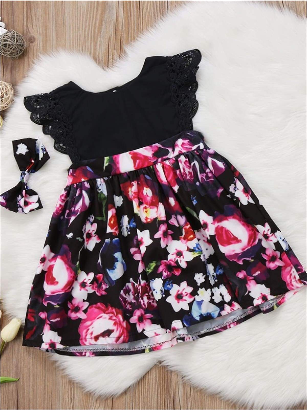 Big Sister & Little Sister Floral Print Ruffled Sleeve Dress with Matching Bow - Casual Spring Casual Dress