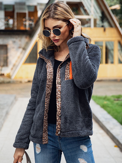 Women's Leopard Lined Plush Button Down Cardigan Grey