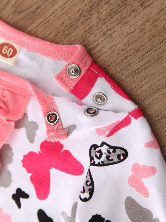 Baby Leopard Print Butterfly Long Sleeve Romper Onesie With Bow Headband Pink