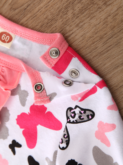 Baby Leopard Print Butterfly Long Sleeve Romper Onesie With Bow Headband Pink