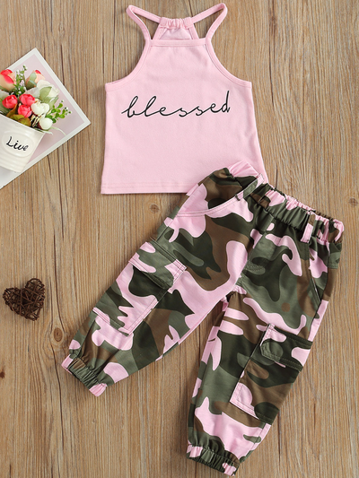 Cute Outfits For Toddlers | "Blessed" Halter Top & Camo Pants Set 