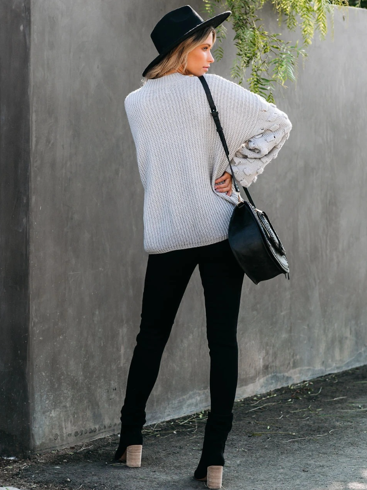 Women's Cuboid Lantern Sleeve Thick Knit Vintage Sweater Grey