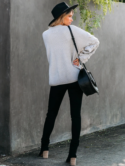 Women's Cuboid Lantern Sleeve Thick Knit Vintage Sweater Grey