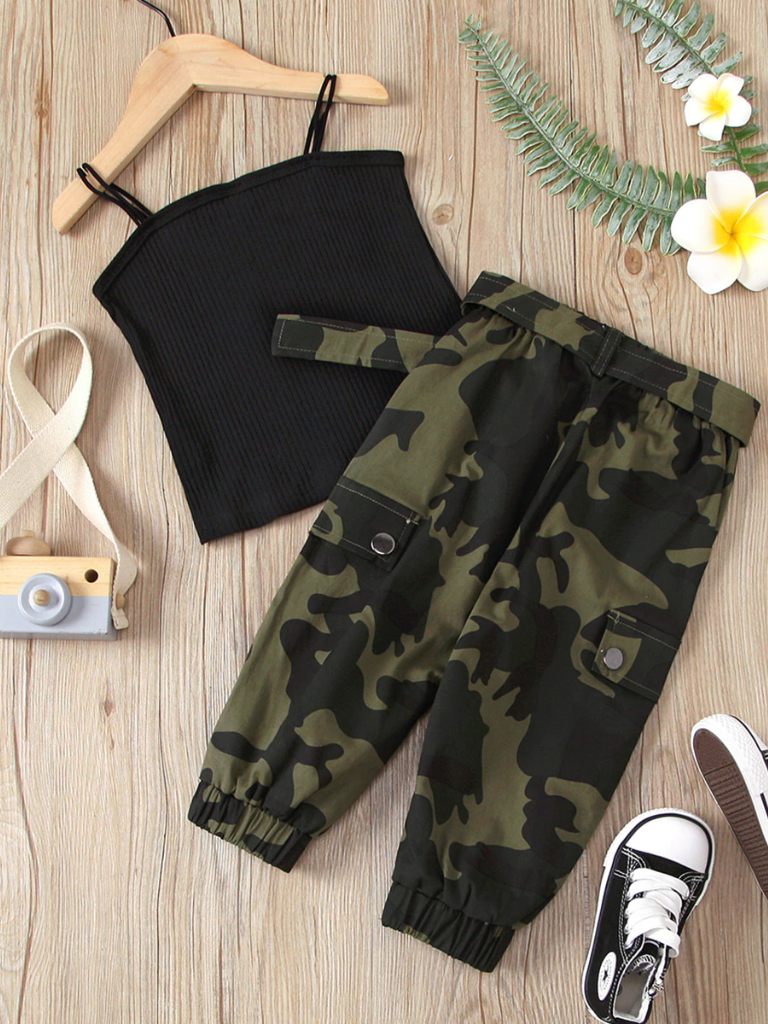Girls Spring Outfits | Toddler Black Tank Top & Camo Cargo Pants Set