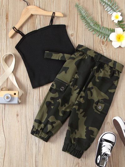 Girls Spring Outfits | Toddler Black Tank Top & Camo Cargo Pants Set