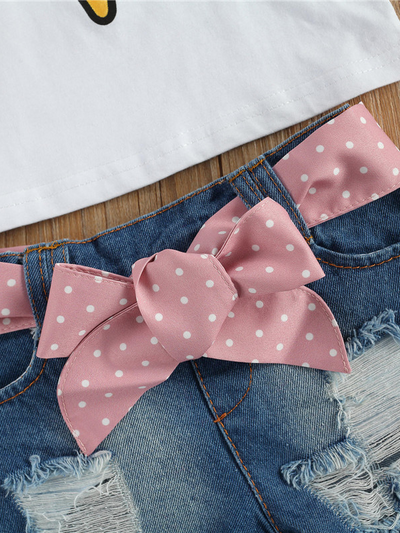 Girls Spring Outfits | Ice Cream Pom Pom Tee & Belted Denim Shorts Set