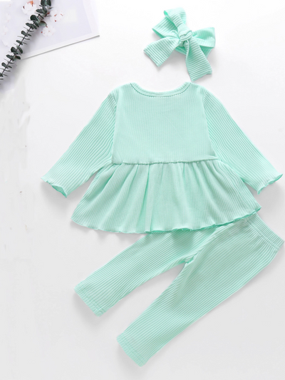 Baby Ribbed Ruffle Long Sleeve Shirt and Legging Set With Headband Mint