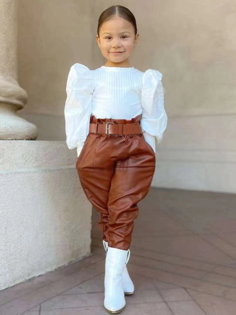 Toddler Everyday Fashion | Puff Sleeve Top & Vegan Leather Pants Set