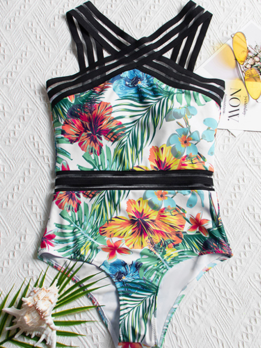 Women's Tropic Floral Print One Piece Swimsuit - White