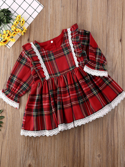 Baby Feliz Navidad Plaid Lace Trim Dress