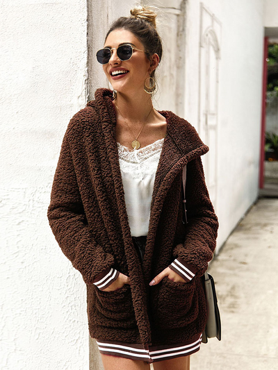 Women's Varsity Full-Zip Hooded Fleece Cardigan Brown