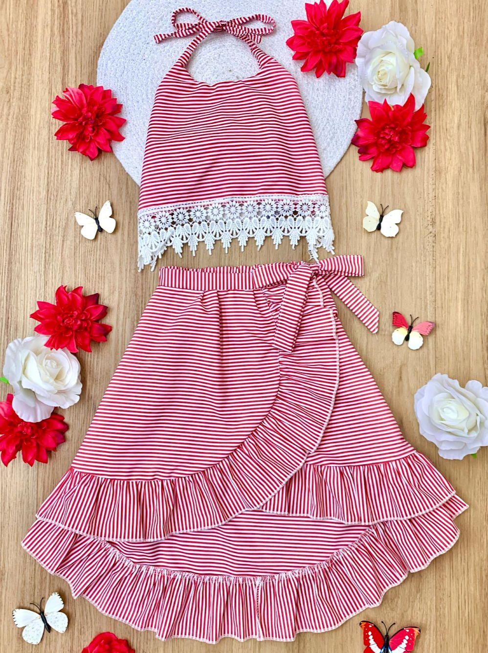 Toddler Spring Outfits | Girls Stripe Halter Crochet Top & Wrap Skirt
