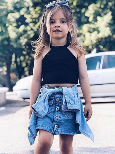 Girls Spring Outfits | Button-Down Denim Skirt & Black Halter Top Set