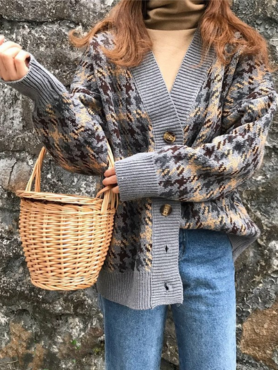 Women's Vintage Plaid Vixen Button Down Cardigan Grey