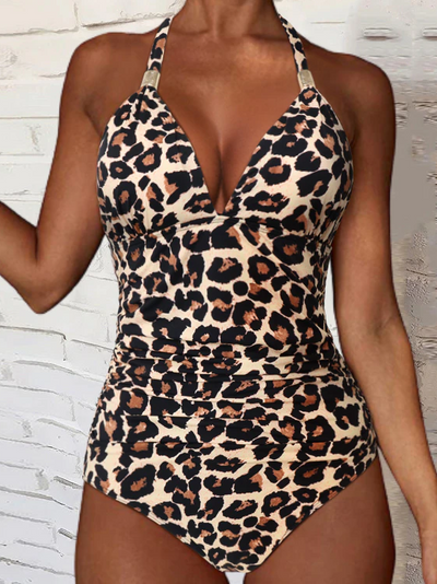 Women's Animal Print Halter Top One Piece Swimsuit