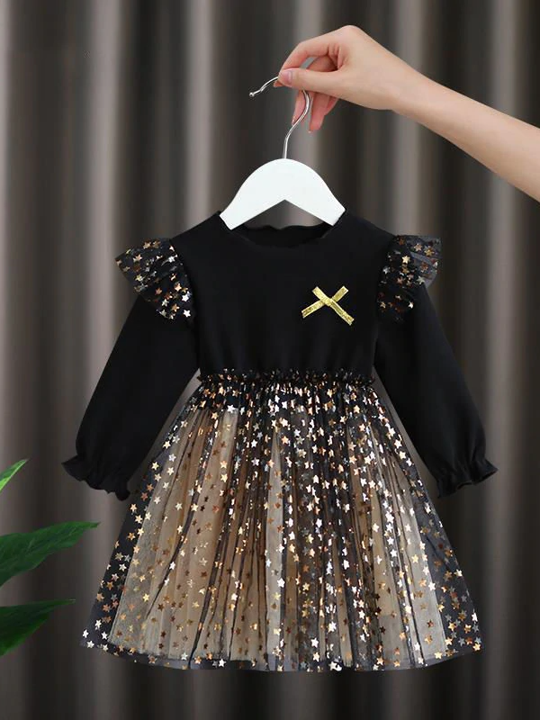 Girls Spring Dresses | Long Sleeve Stars Sequin Tulle Tutu Dress