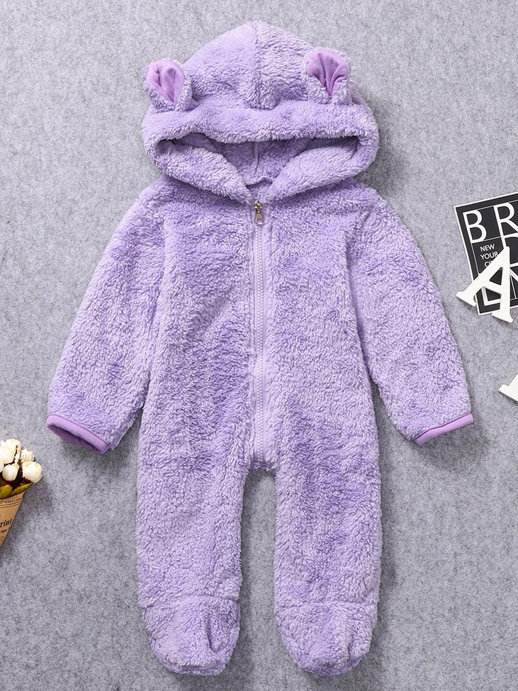 Baby hooded jumpsuit/onesie with little ears on the hood, front zipper closure, and footies