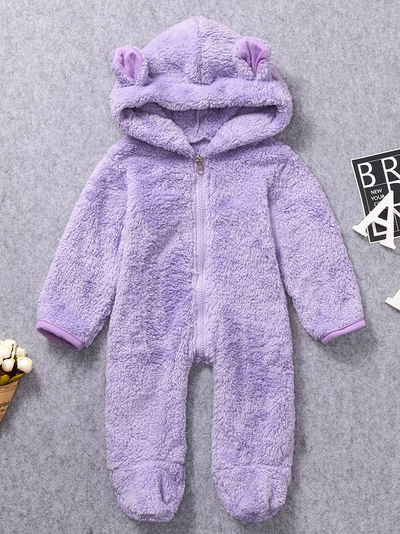 Baby hooded jumpsuit/onesie with little ears on the hood, front zipper closure, and footies