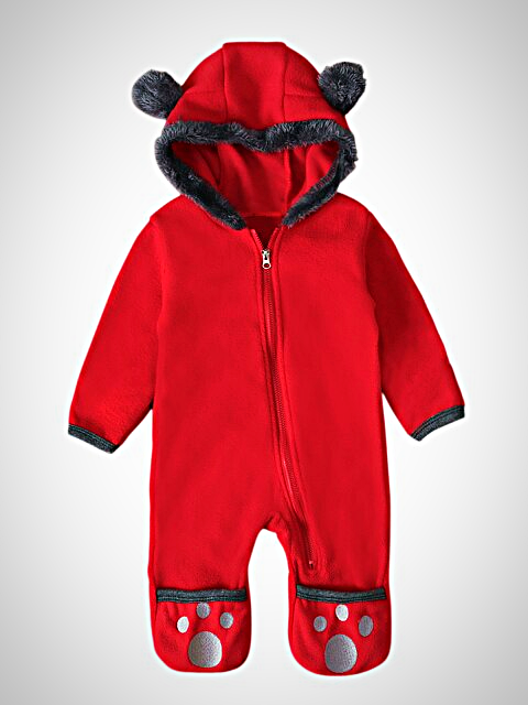 Girls hooded jumpsuit/onesie with little ears on the hood, front zipper closure, and footies