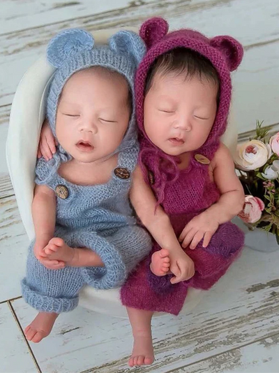 Babies Knitted onesie with cap with ears-burgundy and blue