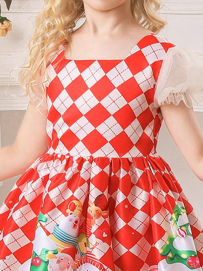 Cute Christmas Dresses | Girls Argyle Puff Sleeve Holiday Scene Dress