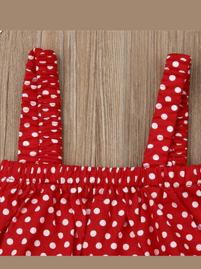 Baby set features a cropped top with polka dots and denim sailor-style bloomers