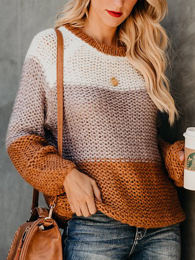 Women's Fluffy Loose Knit Color Block Sweater Brown