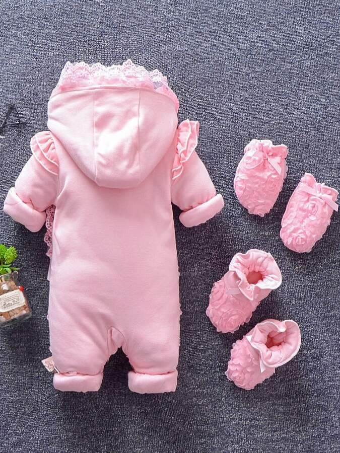 Baby Coming Up Roses Lace and Ruffle Hooded Jumpsuit with Booties - Pink