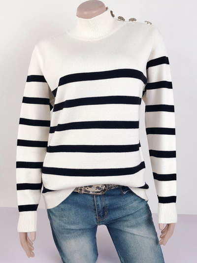 Women's Rivet Shoulder Striped Turtleneck Sweater White