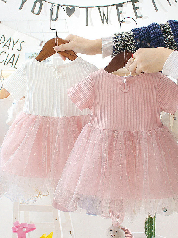 Baby Spring dress has a tulle overlay and a satin belt with a flower applique Pink-White