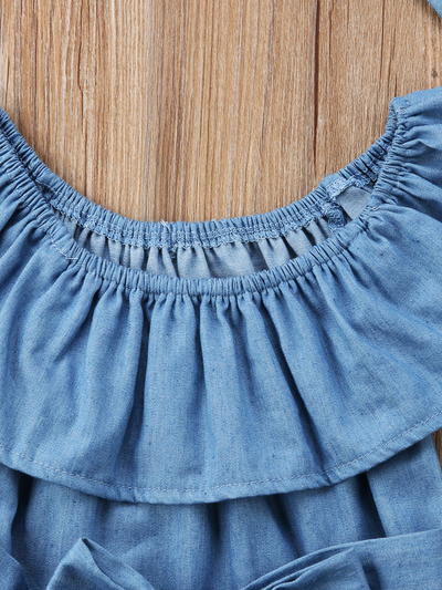 Baby Denim onesie large bib with bow and matching headband 6Mon to 2T