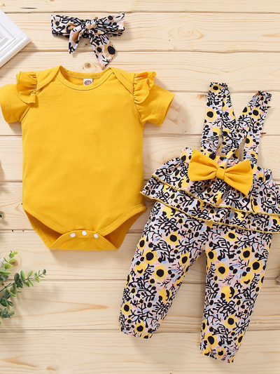 Baby Precious Petal Overall Short Sleeve Romper Pullover Set Yellow