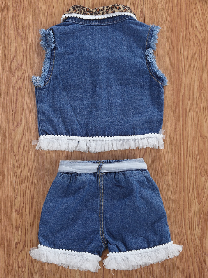 Toddler Spring Outfits | Girls Leopard Print Denim Vest & Shorts Set