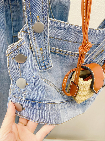 Little girls preppy adjustable strapped denim overall crop top with front pocket and matching denim pants with elastic waistband - Mia Belle Girls