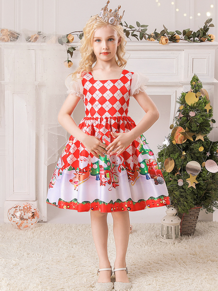 Cute Christmas Dresses | Girls Argyle Puff Sleeve Holiday Scene Dress