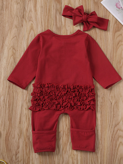 Baby Reay To Play Ruffle Jumpsuit Romper Onesie With Bow Headband Burgundy
