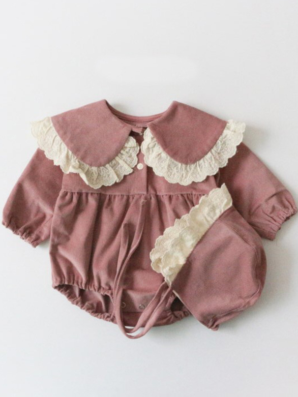 Baby Peter Pan Lace Princess Long Sleeve Onesie with Bonnet Cap Pink