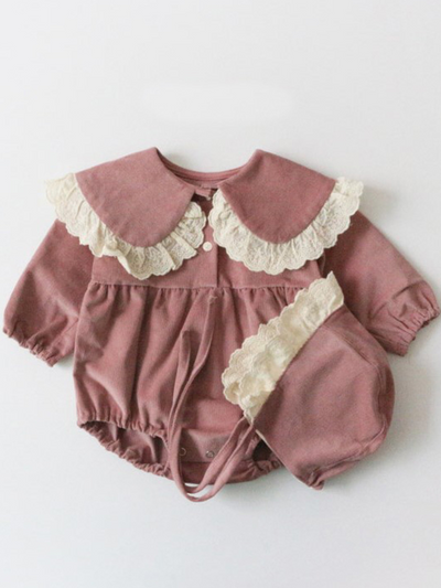 Baby Peter Pan Lace Princess Long Sleeve Onesie with Bonnet Cap Pink