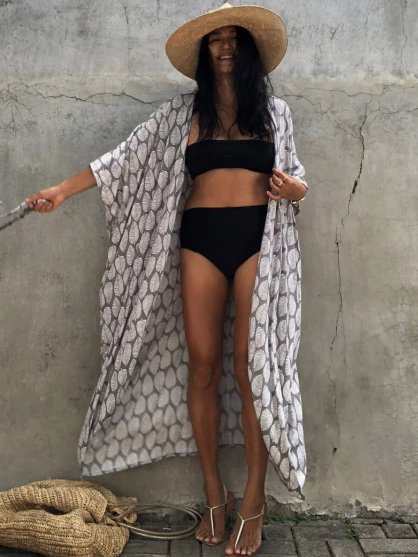 Women's Leaf Print Kimono Cover Up - Grey