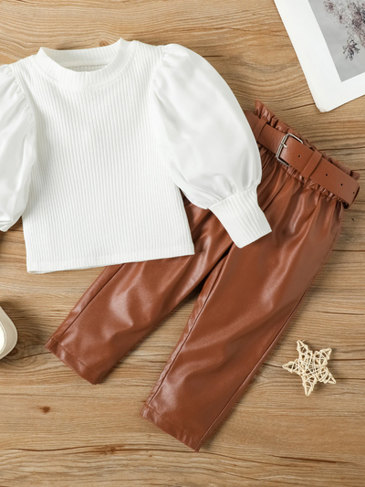 Toddler Everyday Fashion | Puff Sleeve Top & Vegan Leather Pants Set